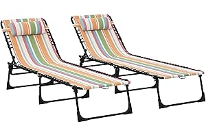 Outsunny 2 Pieces Folding Lounge Chair, 4-Level Adjustable Chaise Lounge with Headrest, Tanning Chair Beach Bed, Reclining Lo