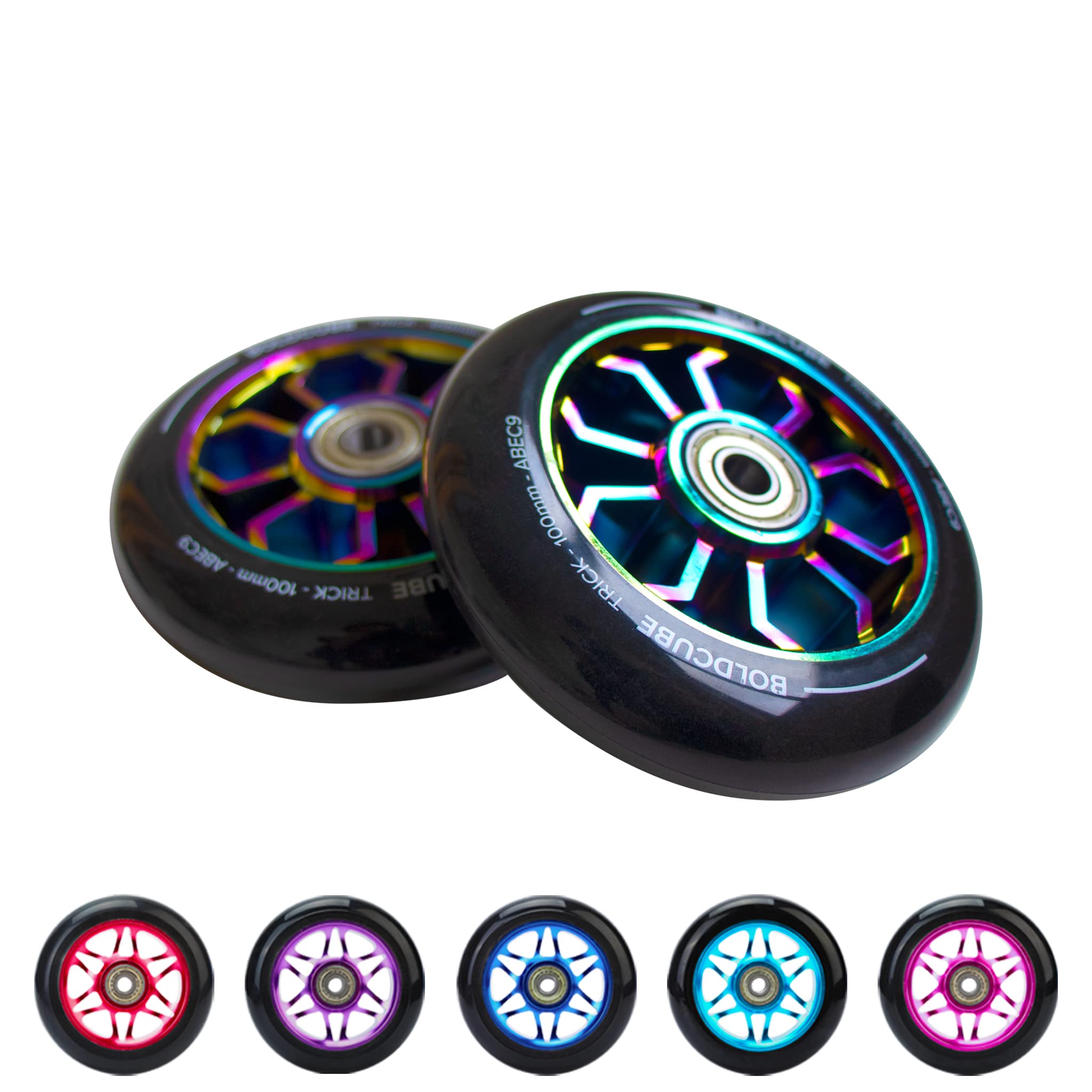 BOLDCUBE Stunt Scooter Wheels 100mm Pair - Pro Stunt Wheels Alloy Core - ABEC9 Bearings (Spider: Chrome/Black, 2 Wheels)