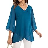 Miusey Dressy Tunic Tops For Women Elegant 3/4 Bell Sleeve Blouse Flowy Mesh Top