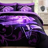 WONGS BEDDING Purple Comforter Set Queen, Reversible Purple Rose 7 Pieces Bed in a Bag, Lightweight Soft Microfiber Bedding Sets with Flat Sheet, Fitted Sheet, Pillowcases & Shams