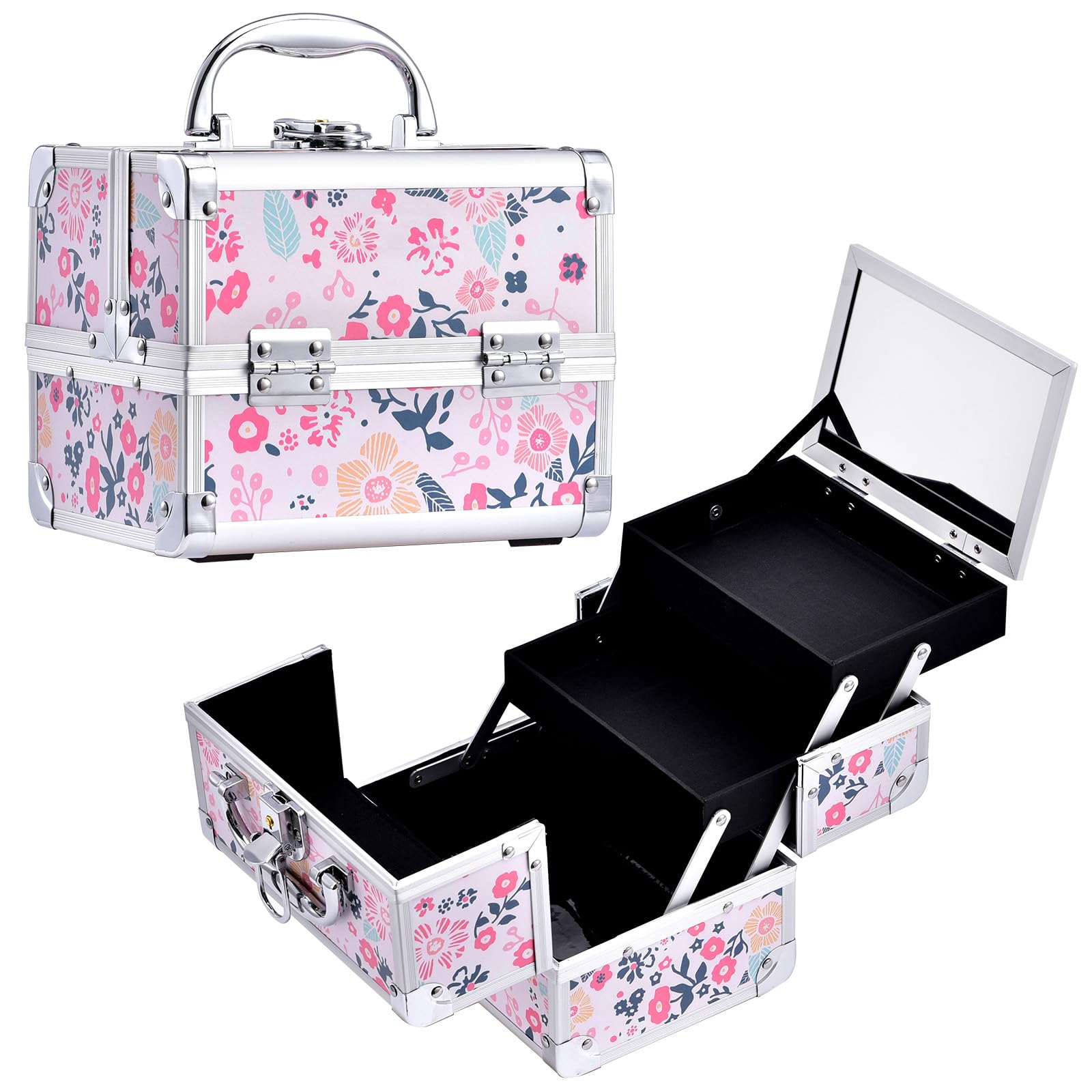 Joligrace Girls Makeup Box with Mirror Cosmetic Case Jewelry Organiser Light Weight Lockable with Keys (Beige Disty Florals)