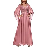 Miusol Women's Deep-V Neck Lace Contrast Sequin 3/4 Sleeve Formal Evening Maxi Dress