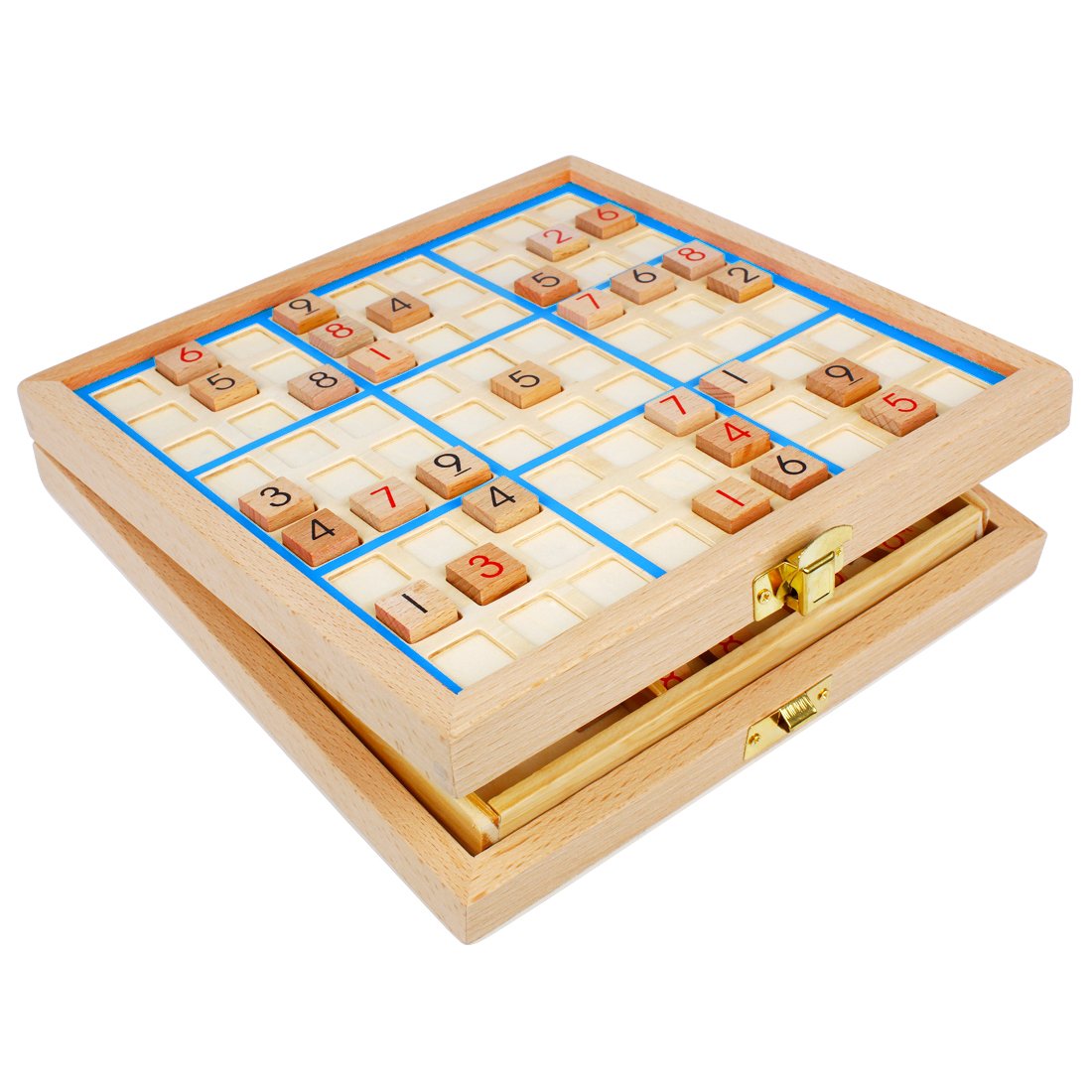 Andux 3-in-1 Wooden Number Place Toy (Blue) - Sudoku Board Game for 1 Player, Ages 6 and Up