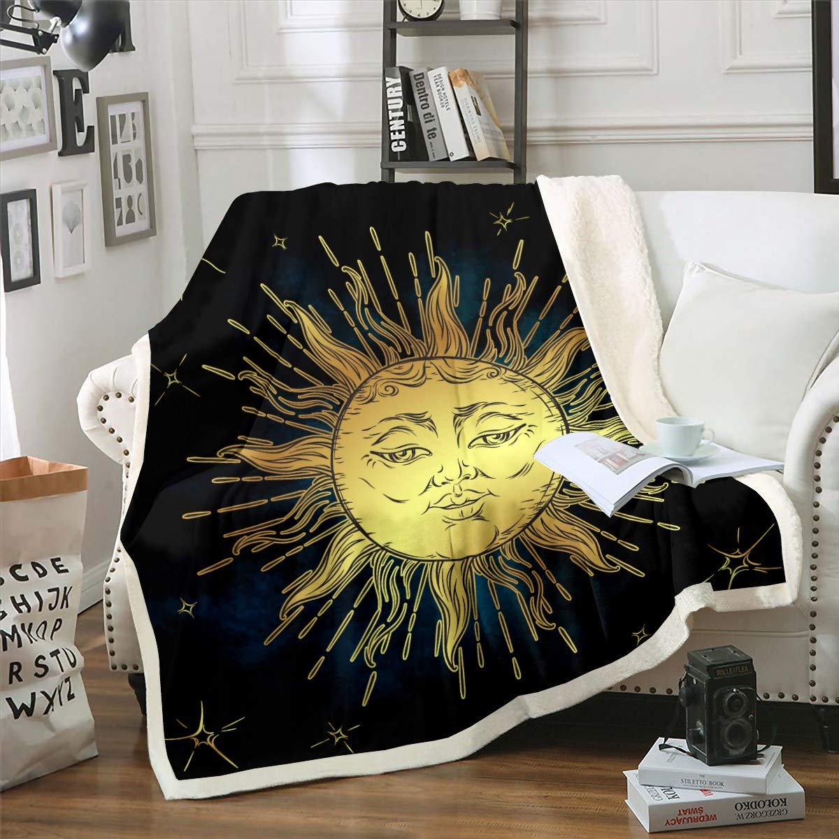 Loussiesd Boho Sun Fleece Throw Blanket - Bohemian Style Galaxy Astrology Sherpa for Sofa Couch Bed - Stain Resistant Hippie Design Room Decor - Single 50"x60" Flannel
