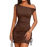 OWIN Women's Sexy One Shoulder Drawstring Side Slit Ruched Bodycon Mini Dresses Ribbed Knit Casual Cocktail Club Party Dress