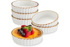 ONEMORE Ramekins 4 oz - Oven Safe Shallow Ramekins with Brown Rim for Creme Brulee - Speckled, Fluted, Set of 6