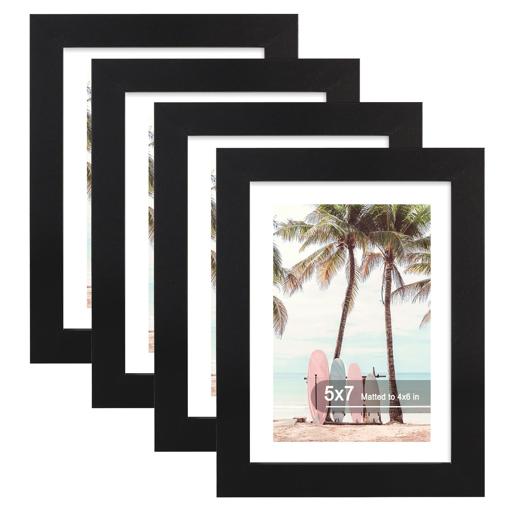 Photo 1 of Hongkee 5x7 Picture Frame (4 Pack, Black) Made of Real Glass and Wooden Frame - Display Pictures 4x6 with Mat or 5x7 Without Mat, 5 by 7 Photo Frames TableTop Display and Wall Mounting