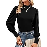 Qirno Womens Mock Neck Puff Long Sleeve Tops Casual Loose Solid Basic T Shirt Button Cuffs Pullovers Shirts Blouse