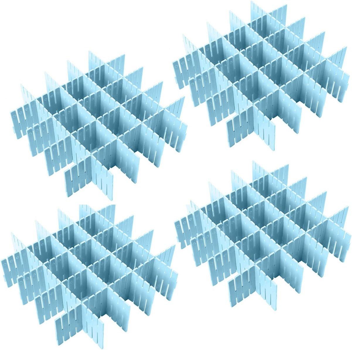 NewFerU Plastic Desk DIY Grid Drawer Dividers Adjustable Tidy Closet Shelf Storage Organizers for Purses,Ties,Tshirts,Pens,Bras,Sock,Underwear,Scarves,Makeup,Kitchen Cutlery Flatware (32pcs Blue)