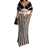 KANSOON Crochet Skirt Sets Women 2 Piece Outfits Knit Striped Hollow Out Short Sleeve V Neck Drawstring Top Maxi Skirts Set