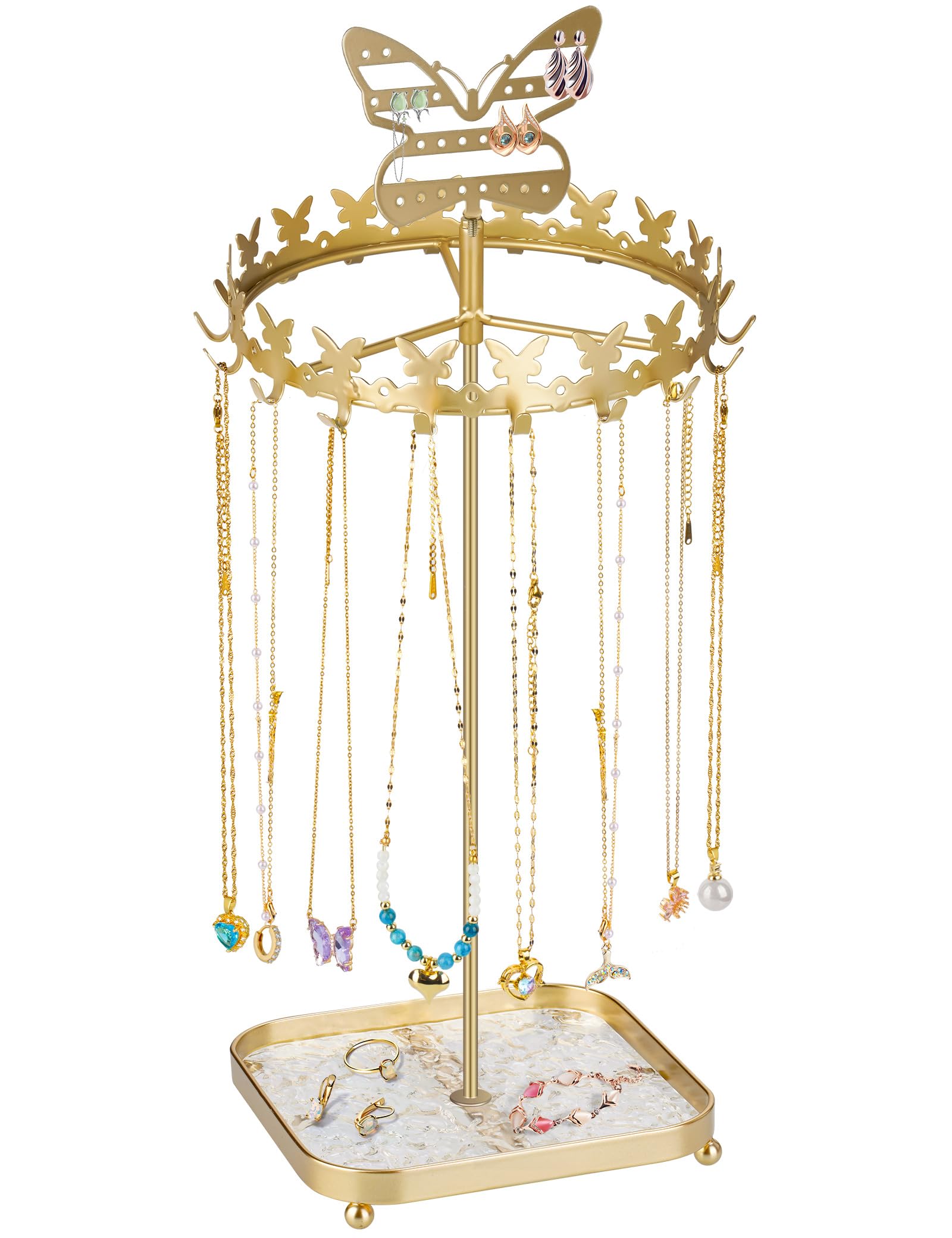 Photo 1 of NiHome Butterfly Rotating Jewelry Organizer with 18 Hooks, 26 Earring Holes and Jewelry Tray, Space-Saving Necklace & Earring Holder for Organizing and Displaying Jewelry at Home or in Stores (Gold)