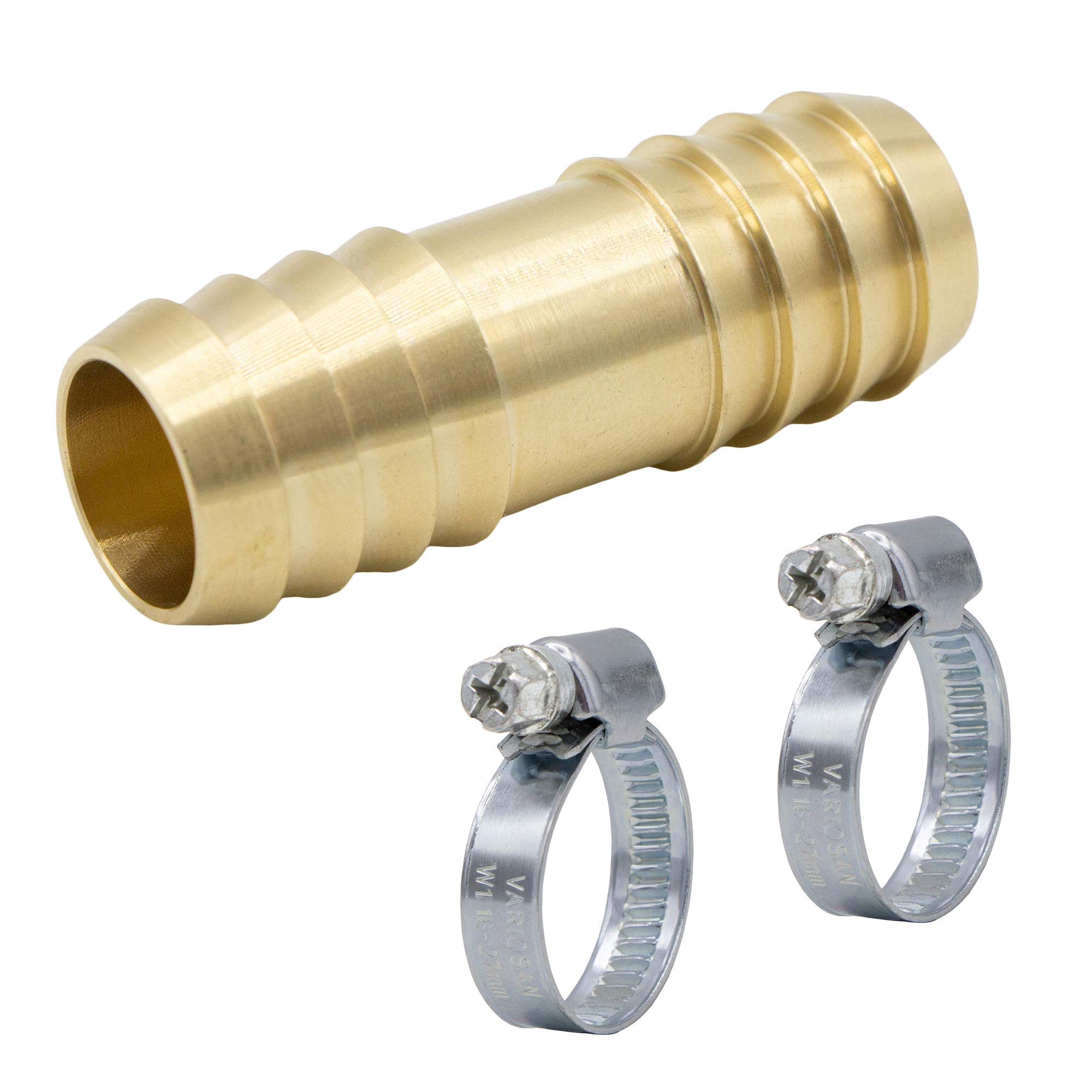 VARIOSAN Hose Connector 12968 1/2 Inch (12.5 mm) Brass with Hose Clips (Stainless Steel / V2A)