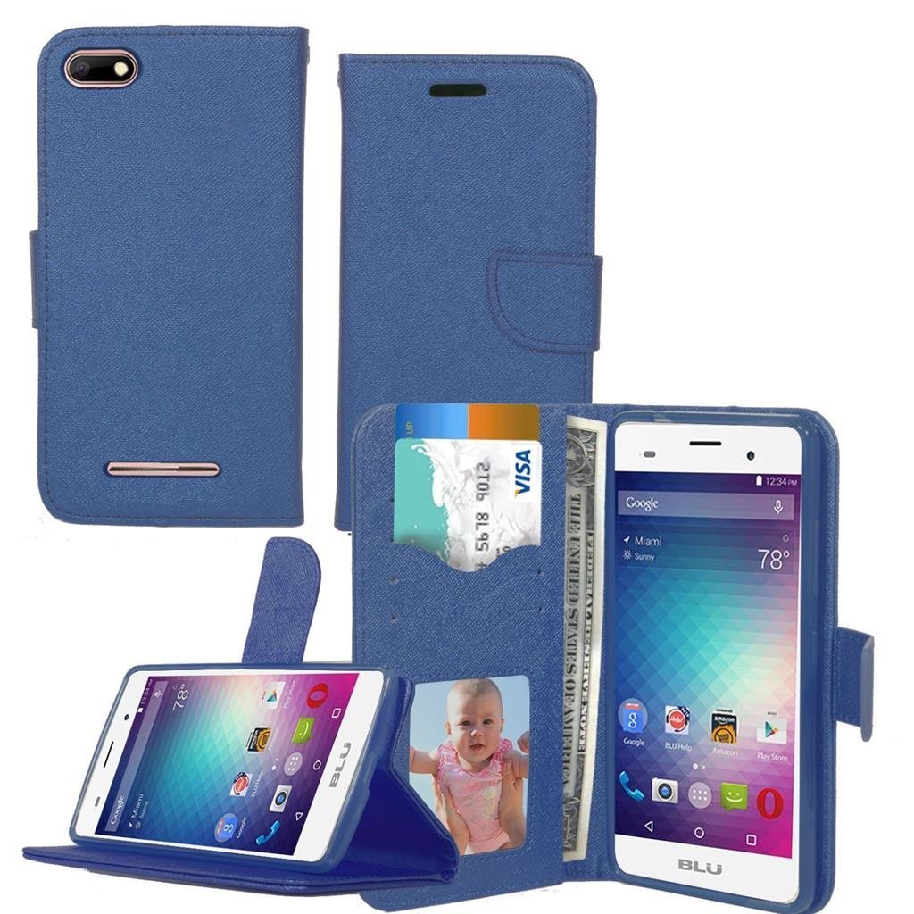 BLU Advance 5.0 HD A050U ,BLU Dash X2 D110U Case , Luxury Design Magnetic Leather Flip Wallet Pouch Cover Case Card Holder With a Viewing Stand -NAVY