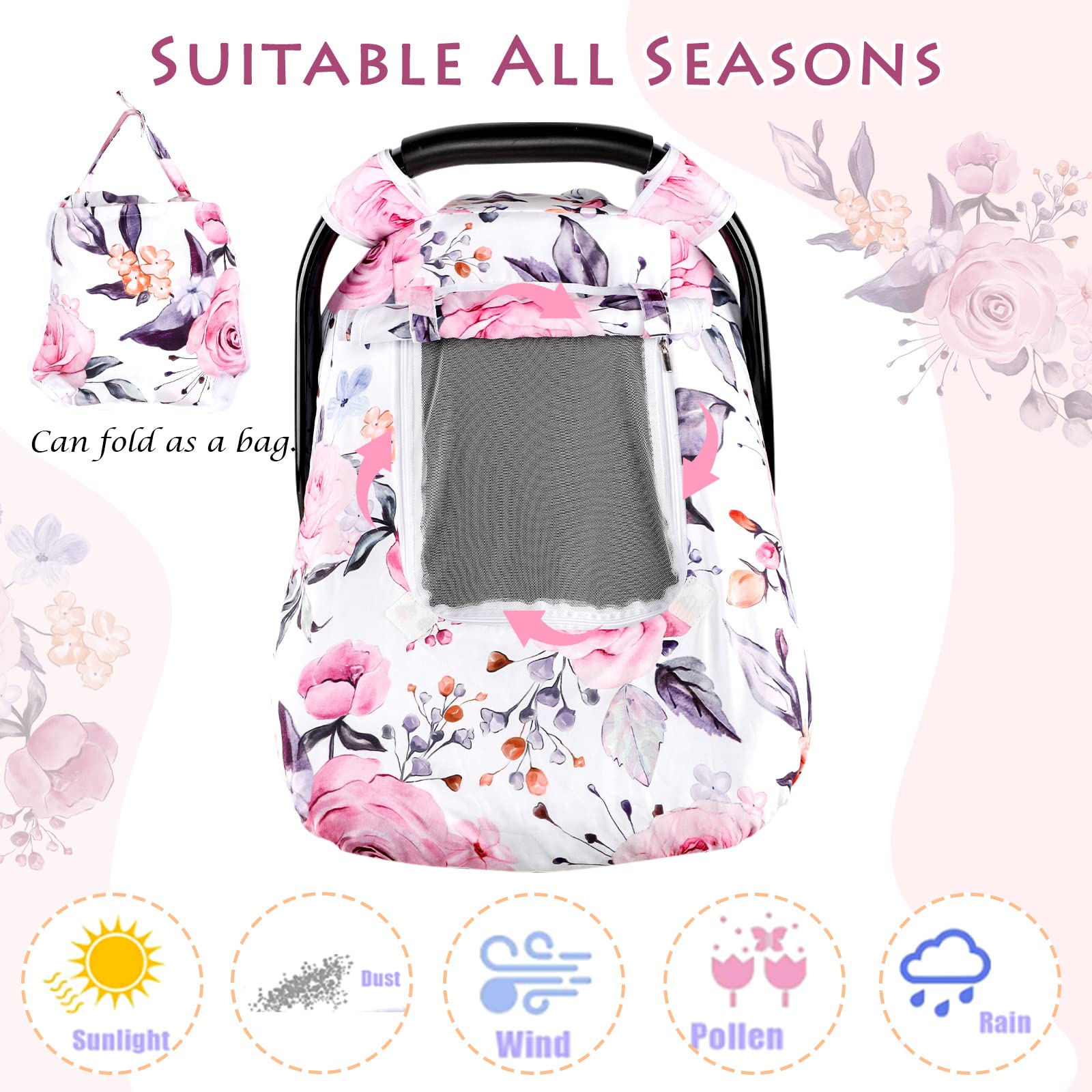 Floral Baby Carseat Cover Girls, Pea Pod Infant Car Seat Covers Canopy for Newborn with 2 Layers Windows of Breathable Mesh/Fabric, Lightweight Polyester/Minky Dot Backing, Snug Fit Most Baby Car Seat