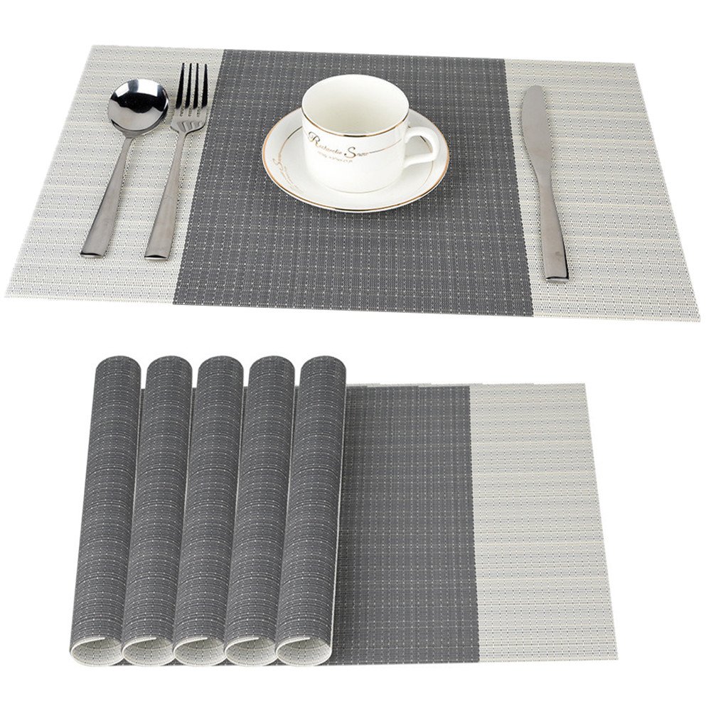Fontic Set of 6 PVC Non-Slip Washable Placemats (45 x 30 cm) Placemats for Kitchen, Living Room, Garden or Dining Room (Grey Striped)