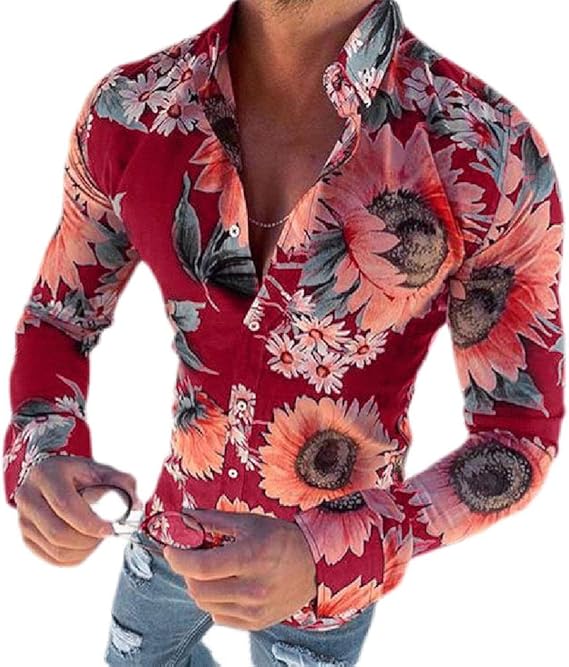 H&E Mens Casual Floral Sunflower Dress Shirts Long Sleeve Button Down Shirt Red L Amazon.co.uk