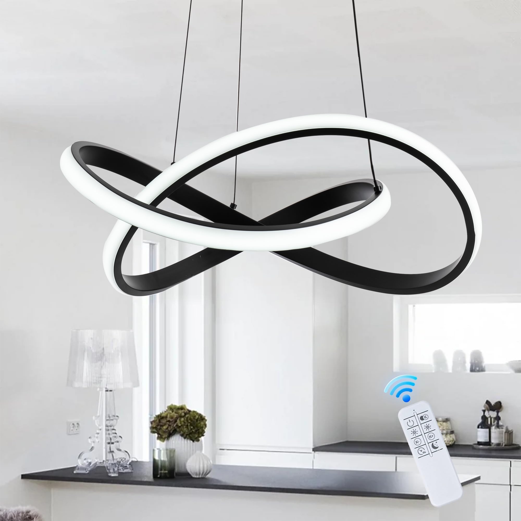 Photo 1 of MAYNA LED Pendant Light for Kitchen Island, Dimmable LED Chandelier with Remote Control 3000k-6000K Adjustable Color Temperature, Modern Ring Chandelier for Dining Room, Black 19.7 inch