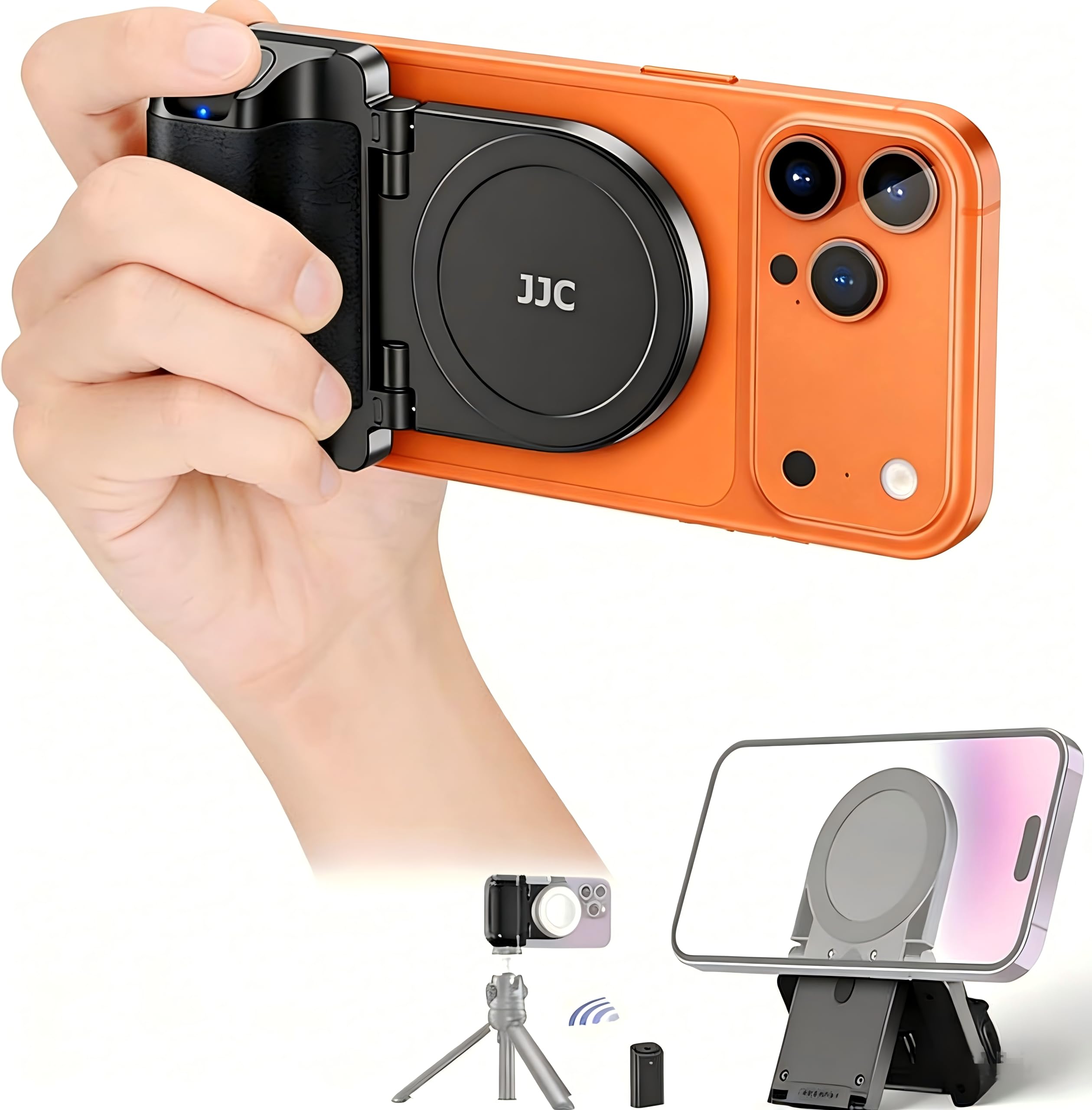 JJC Magnetic Phone Handgirp with Bluetooth Remote Control, Magsafe Camera Photo Grip Handle for iPhone 17 16 15 14 13 & Android Smartphones, Desk Phone Stand & Phone Tripod Mount -Black