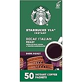 Starbucks VIA Instant Coffee Packets, Single Serve, Dark Roast Coffee, Decaf Italian Roast, 50 Packets