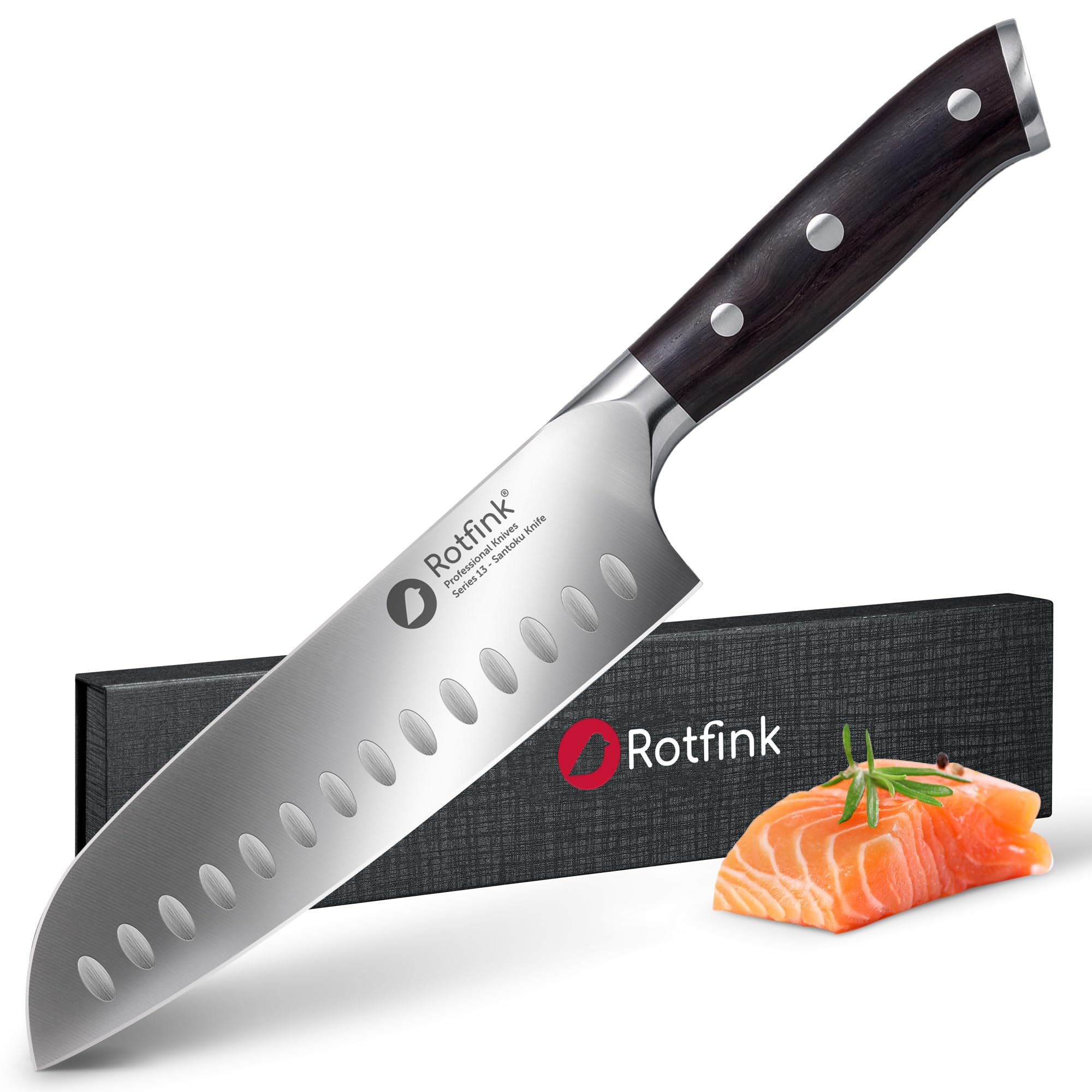 ROTFINK Santoku Messer 18 cm, Profi Küchenmesser scharf, Kochmesser, Fleischmesser, Edelstahl 56-58 HRC, ergonomischer Ebenholz-Griff, 15° Schleifwinkel, Geschenkbox, 10 Jahre Garantie