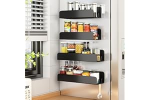 KITSTORACK Magnetic Spice Rack for Refrigerator, Magnetic Shelf Fridge Spice Rack Organizer 4 Pack with 16 Hooks, Moveable Strong Magnetic Seasoning Organizer and Shelf for Kitchen Refrigerator Microwave