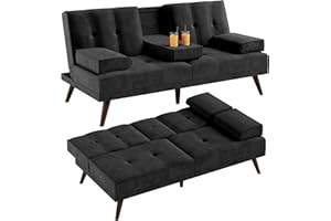 Shintenchi Small Futon Sofa Bed, 60" Reclining Convertible Velvet Loveseat with 2 Cup Holders, Modern Folding Couch w/Armrests, Upholstered Foldable Sleeper for Small Space, Black