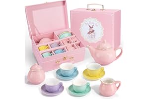 IAOVUEBY Porcelain Tea Set for Toddlers, Tea Party Set for Little Girls, Kids Tea Set Kitchen Pretend Play, Princess Tea Time Playset with Teapot Cups Carry Case, Toddler Girl Toys Birthday Gifts Age 3+