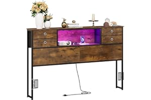 GiftGo Queen Size Headboard with 4 Fabric Storage Drawers Charging Station LED Light Adjustable Height Storage Rack Sturdy and Stable Metal Frame & Wood Shelf (Rustic Brown, Queen (U.S. Standard))