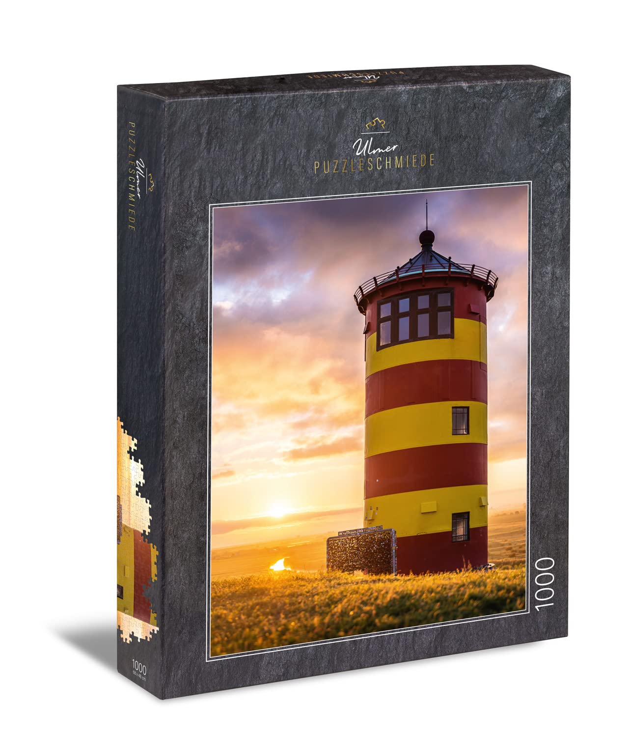 Ulmer Puzzleschmiede - Puzzle "Lighthouse Pilsum" - Classic 1000 piece puzzle - The famous lighthouse on the North Sea, landmark of East Frisia, at the sunset at the North Sea dike