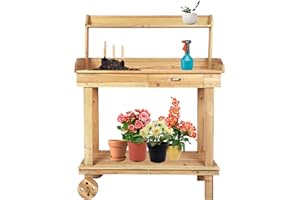 Vilobos Outdoor Garden Potting Bench with Removable Sink, Gardening Workbench with Drawer, Shelves, Hooks & Wheels