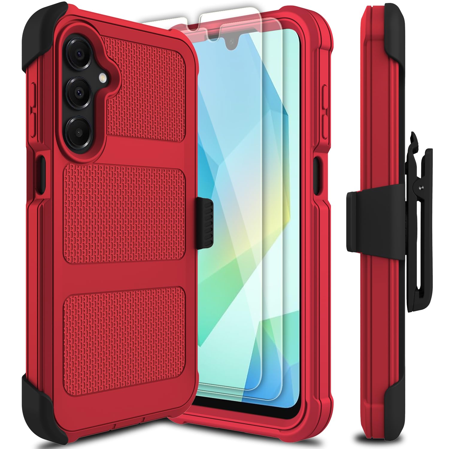 Leptech for Samsung Galaxy A16 5G Case with 2 Pack Tempered Glass Screen Protector, [Holster Series] Belt Clip Hard Tough Heavy Duty Rugged Shockproof Protective Cell Phone Case (Red)