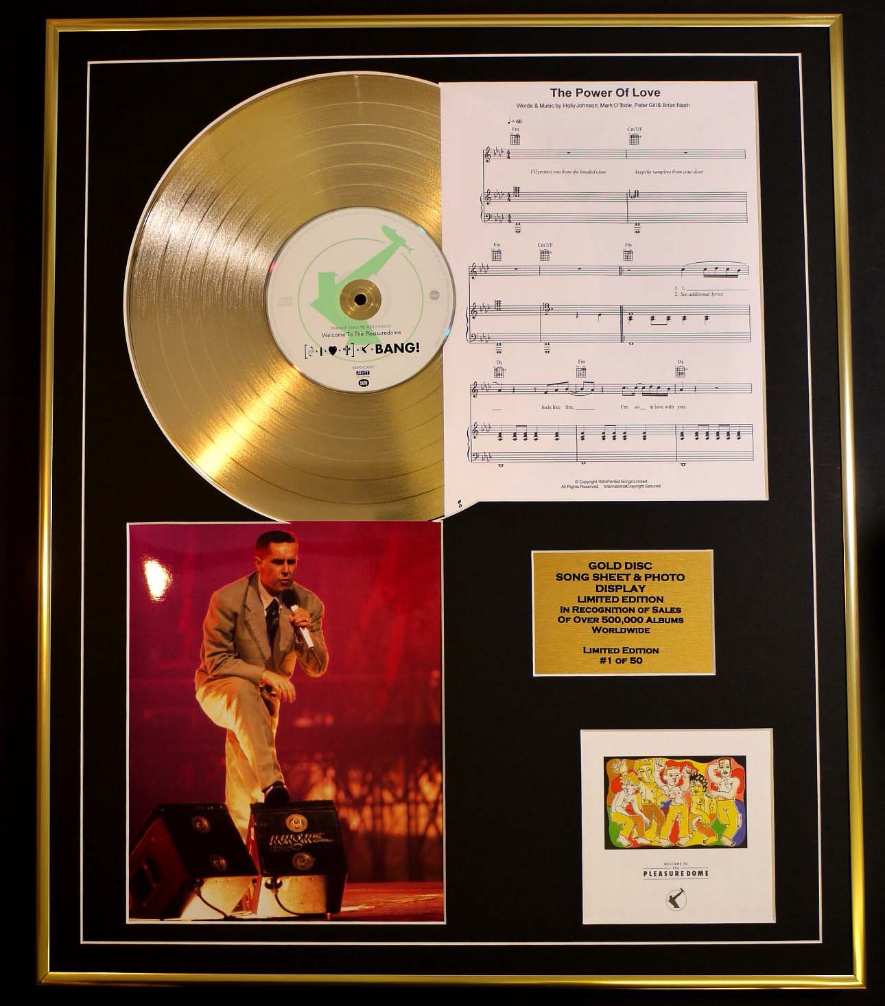 FRANKIE GOES TO HOLLYWOOD/CD GOLD DISC, SONG SHEET & PHOTO DISPLAY/LTD. EDITION/COA/ALBUM, PLEASUREDOME/SONG SHEET, POWER OF LOVE