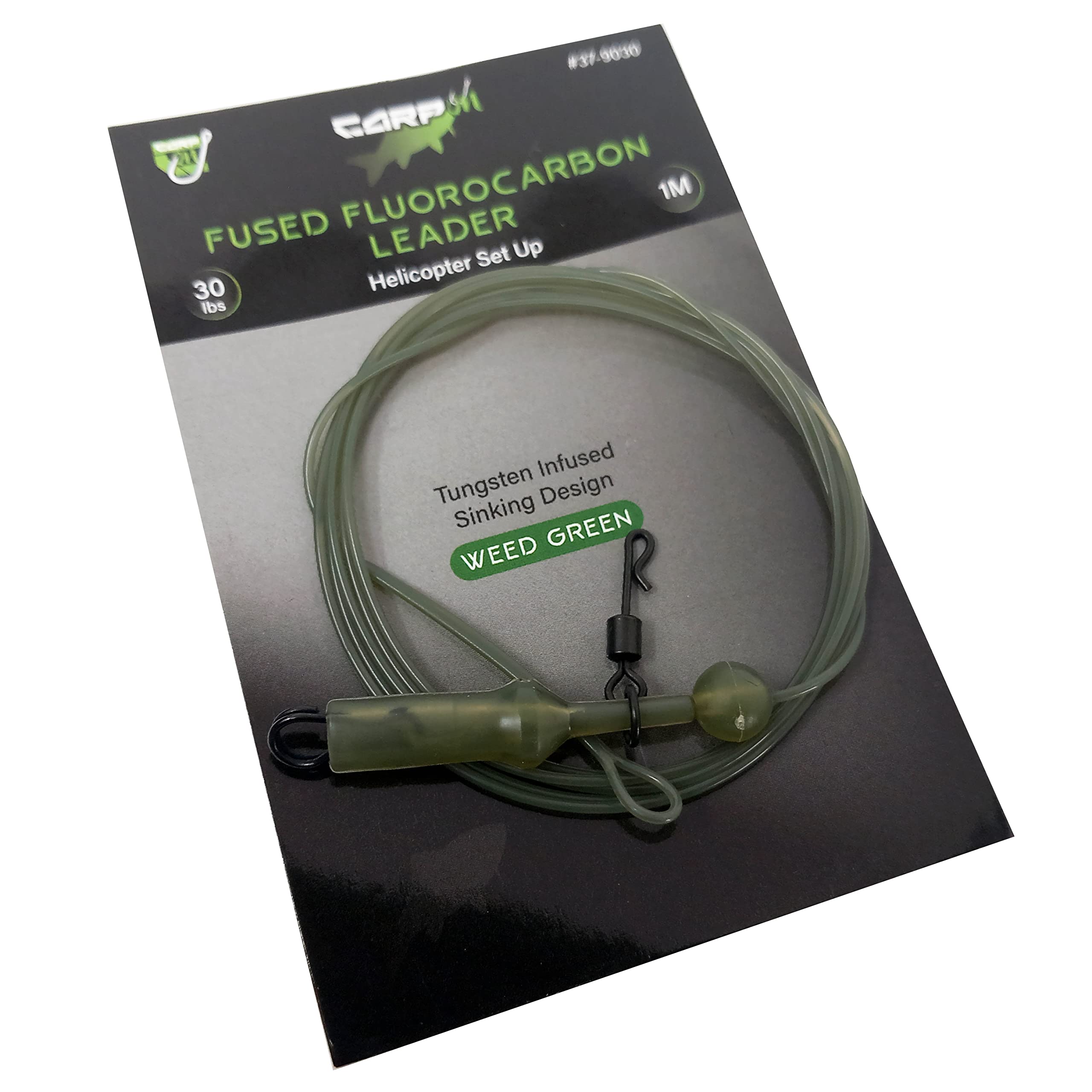 CARP ON - 1m/100cm 30lb CARP LEADER Line - Tungsten Infused Fluorocarbon Quick Link Swivel - Sinking Design - (Basic + Helicopter & Upper Beads, Camo Green) [37-9030] — image 1