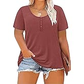 ForHailey Women's Plus Size Shirt Short Sleeve Button Round Neck Top Basic Ladies Loose Fit T Shirt
