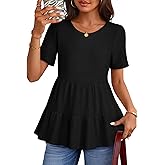 MEROKEETY Women's 2026 Summer Spring Tunic Babydoll Tops Short Sleeve Waffle Knit Shirts Casual Loose Peplum Blouses