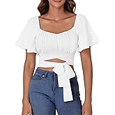 Rooscier Women's Ruched Wrap Ruffle Flare Square Neck Short Sleeve Self Tie Crop Top Blouse Solid White Small