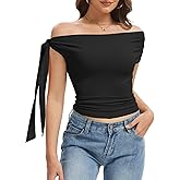 Women's Off The Shoulder Going Out Asymmetrical Tops Y2K Slim Fit Cute Crop One Tie Shoulder Ruched Tank Top
