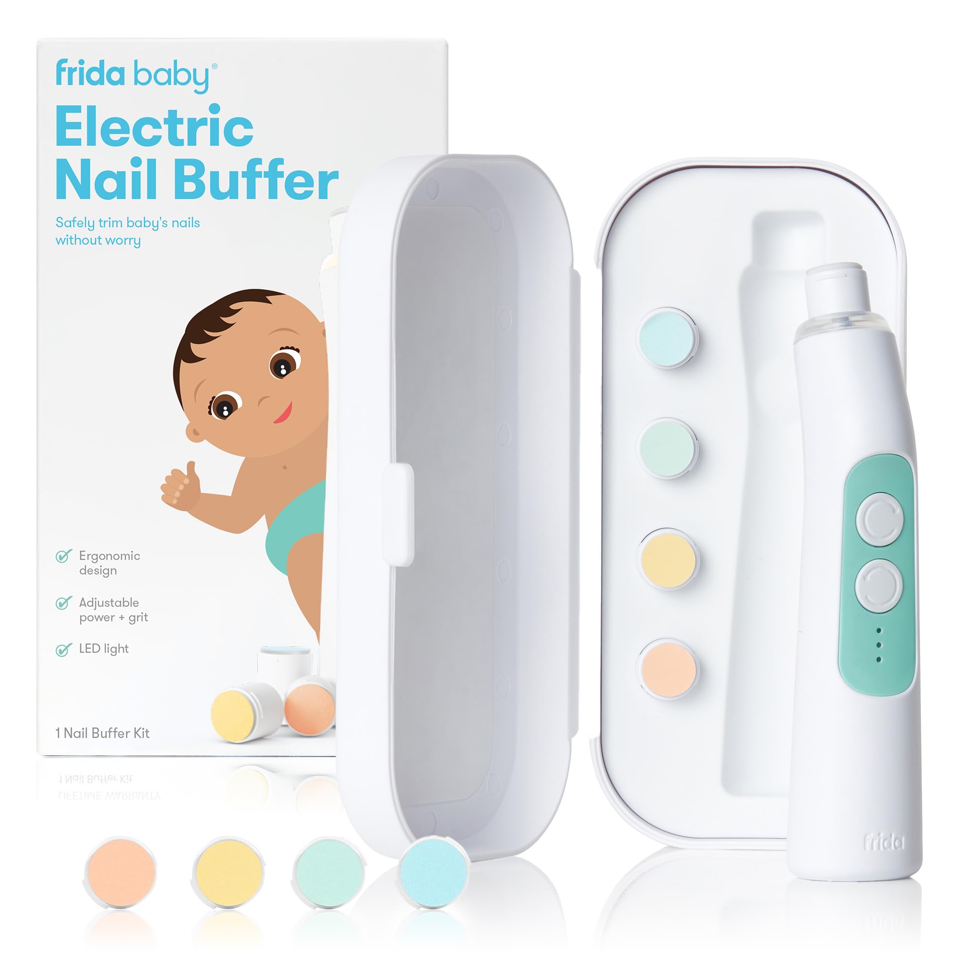 Frida Baby Electric Nail Trimmer, Safe & Easy Electric Nail File, Baby Nail Clipper Kit Suitable for Newborns, Toddler, and Children, 1 Electric Trimmer with LED Light + 4 Buffer Pads + Storage Case