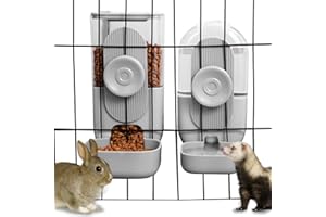 Lemtrflo Hanging Automatic Rabbit Feeder for Cage,Dog Cat Food and Water Dispenser,Rabbit Water Bottle Guinea Pig Food Bowl Set,Gravity Feeder for Cats Dogs (Gray)