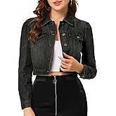 Allegra K Women's Denim Jackets Jean Puff Sleeve Button Up Cropped Jacket