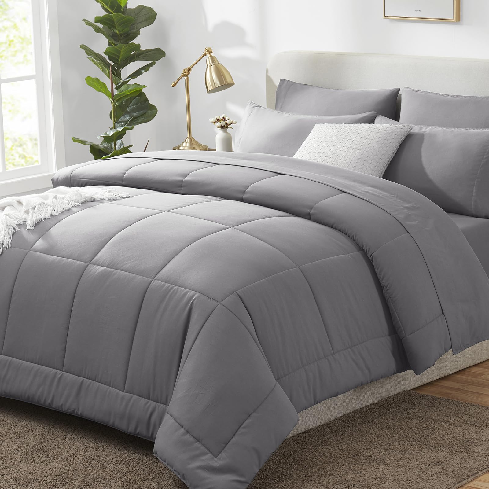 Photo 1 of CozyLux Full Size Comforter Sets Grey, 7 Pieces Bed in a Bag, Gray Comforter Full Size, All Season Bedding Sets with Stitch Quilted Comforter, Flat Sheet, Fitted Sheet, Pillowcases