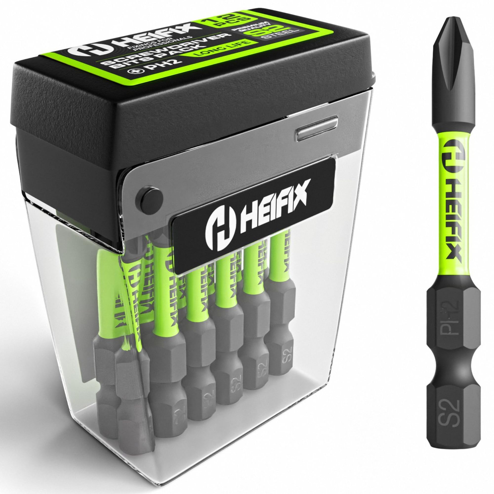 Heifix 12 x 50mm PH2 Heifix Impact Screwdriver Magnetised Drill Screw Bit Set PH2 Phillips TicTac Box