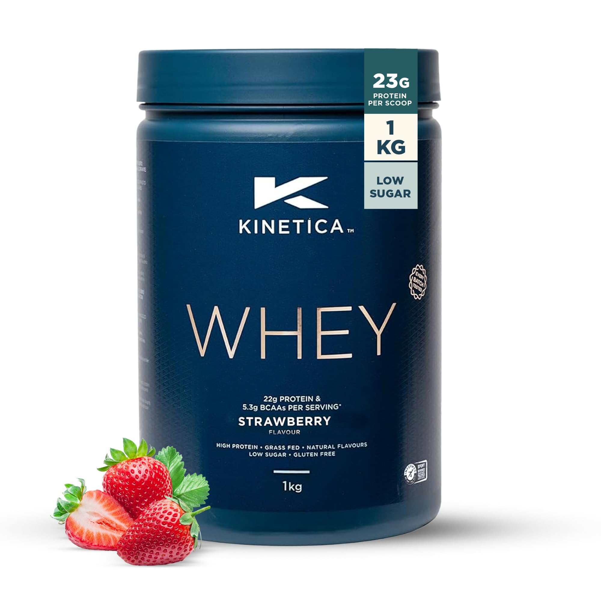 Kinetica Sports Whey Protein Powder - Strawberry, 1 Kg, 33 Servings | 23g Protein, 5.5g BCAA Amino Acid & 4.32g Glutamine | Recovery Shake for Optimum Nutrition | WADA & Informed Sport Approved