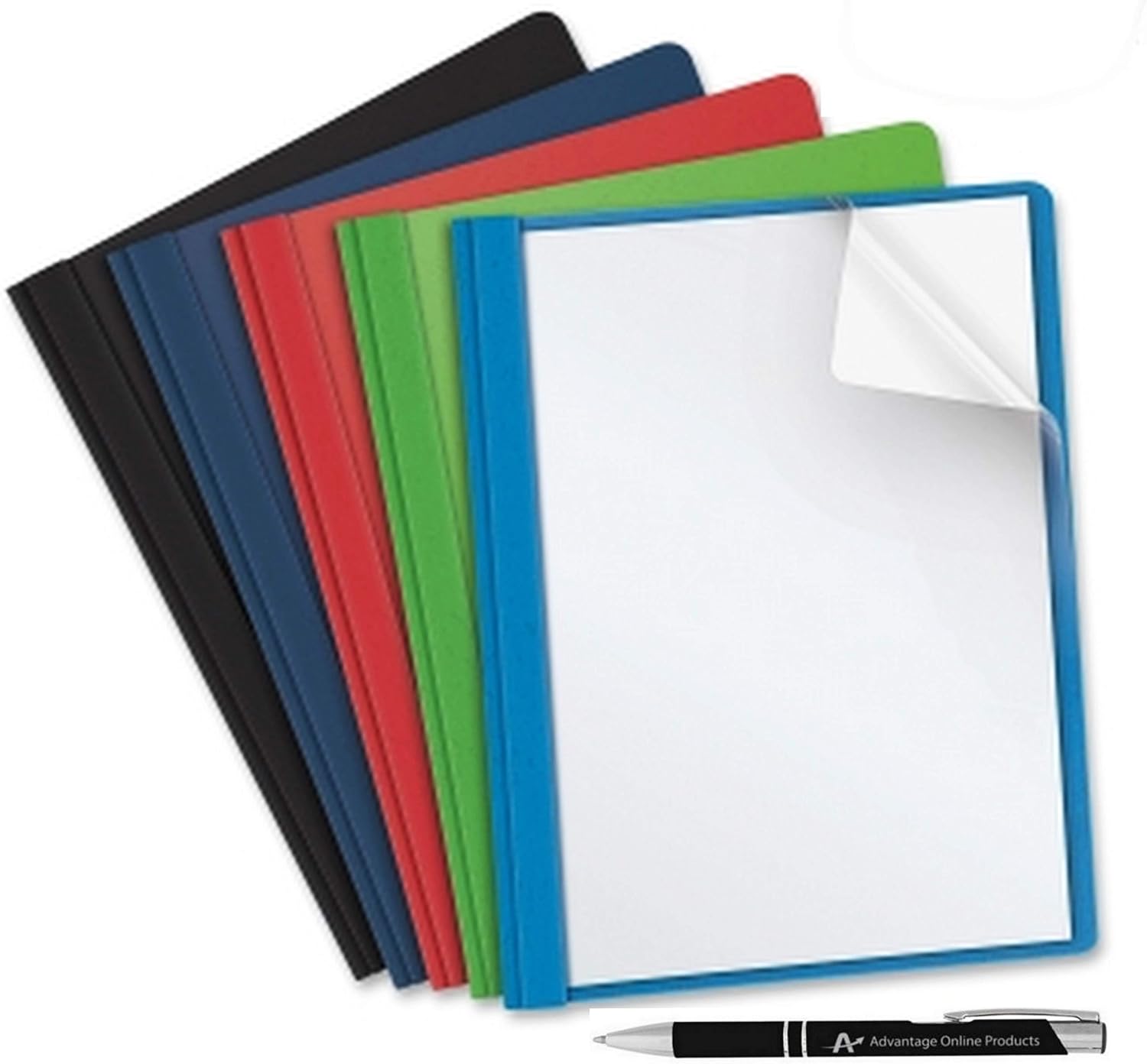 Business Source Clear Front Report Covers with 3 Prongs, Letter Size, 1 of each Color Includes Black, Light Blue, Navy Blue, Red and Green. Also Includes AdvantageOP Custom Retractable Pen. : Office Products