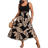 winkbay Women's Plus Size Tropical Print Ruffle Maxi Dress Lace Scoop Neck A Line Flowy Beach Vacation Dresses