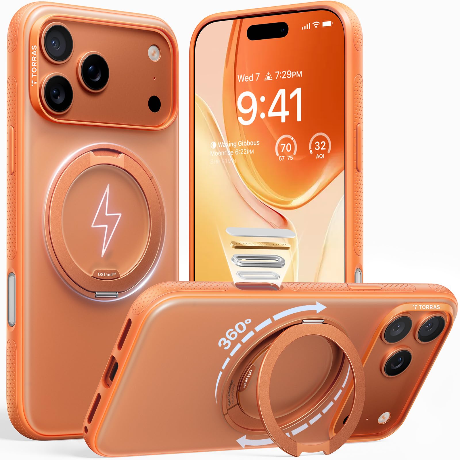 Photo 1 of TORRAS 360 Magnetic Stand for iPhone 17 Pro Case, [Fit for MagSafe] [Rotatable Ring Kickstand] [4X Mil-Grade Shockproof] Slim Phone Cover, Camera Button, Cosmic Orange, Translucent, Ostand O3 Fitness