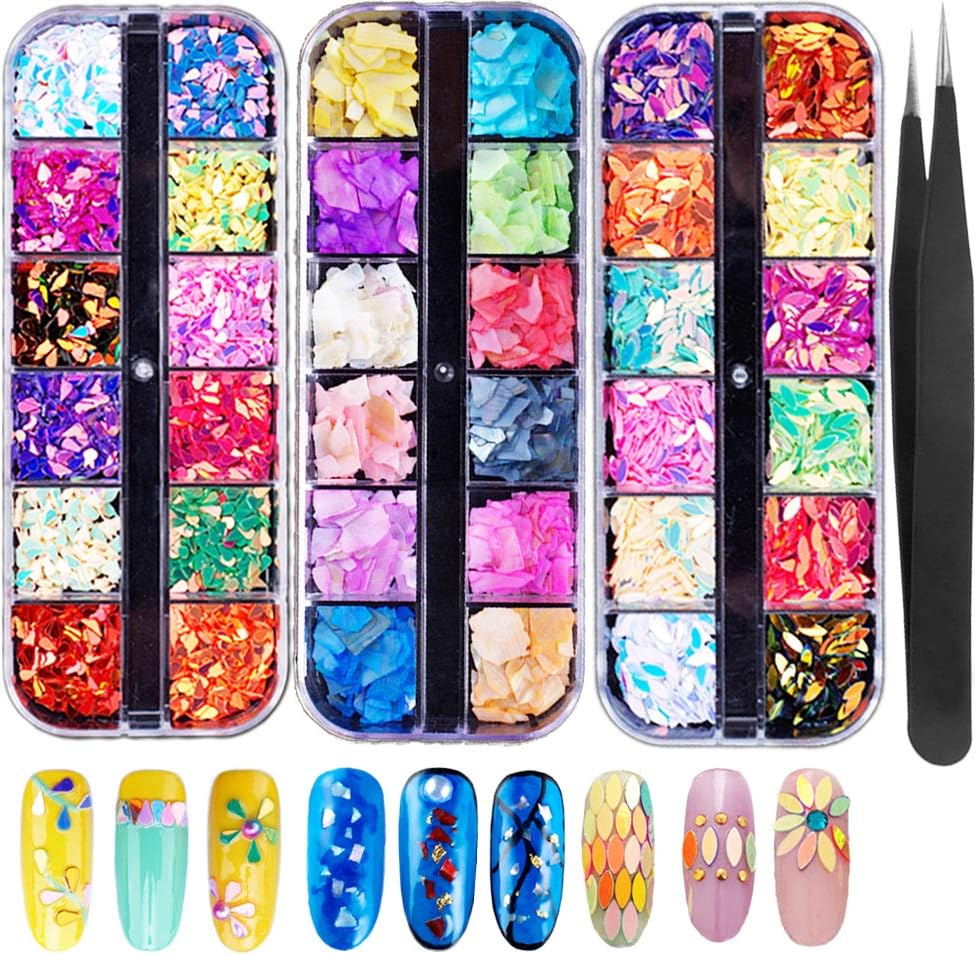 3 Boxes Nail Glitter Sequins 3D Nail Art Decorations Manicure Tips Supplies Chunky Colorful Iridescent Flakes Nails DIY Mixed Mermaid Paillette Design Sticker Face Nail Art Decals(Free tweezers 1pcs)