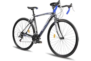 Omelaza 700C Wheel 21/14 Speed Road Bike with Light Weight Aluminum Alloy Frame, Commuter Bicycle with Dual Disc Brakes for Men and Women, Adult Faster Racing Bike, Red/Blue