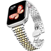 baozai Thin Band Compatible with Apple Watch Band 42mm 41mm 40mm 38mm, Women Slim Stainless Steel Wristband for Apple Watch Series 11-1/SE3/SE2/SE, Silver/Gold
