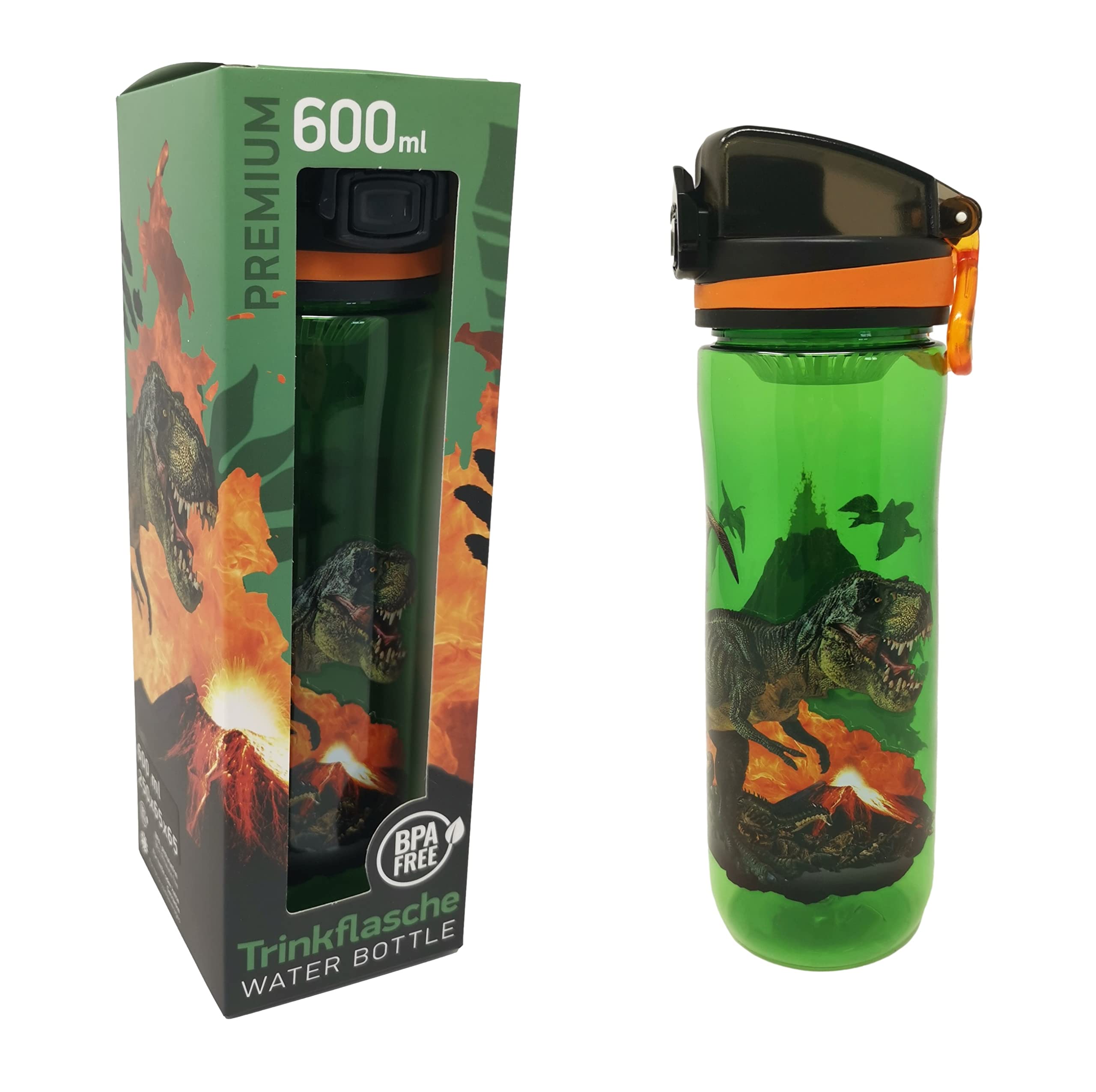 Theonoi Leak-Proof Slim Water Bottle, Drinking Bottle, Sports Bottle for Children with Fruit Strainer, BPA-Free, 600 ml for School, Playground, Sports, Outdoors (Dinosaur Dino)